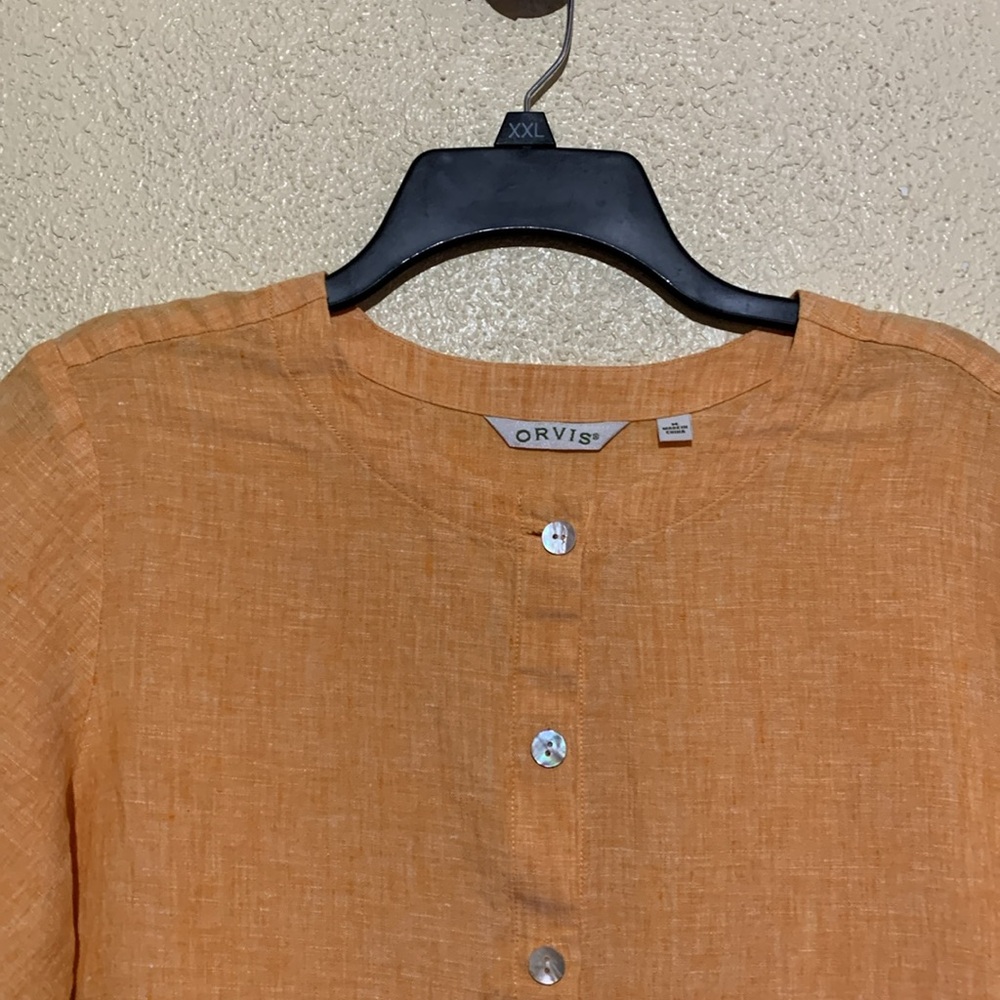 ORVIS Top Short Blouse M  Orange Cropped Short Sleeve Buttons 100% Linen - Picture 5 of 14